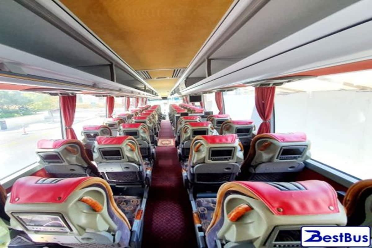 modern interior of 55 seater coach in Baku with comfortable seats and screens