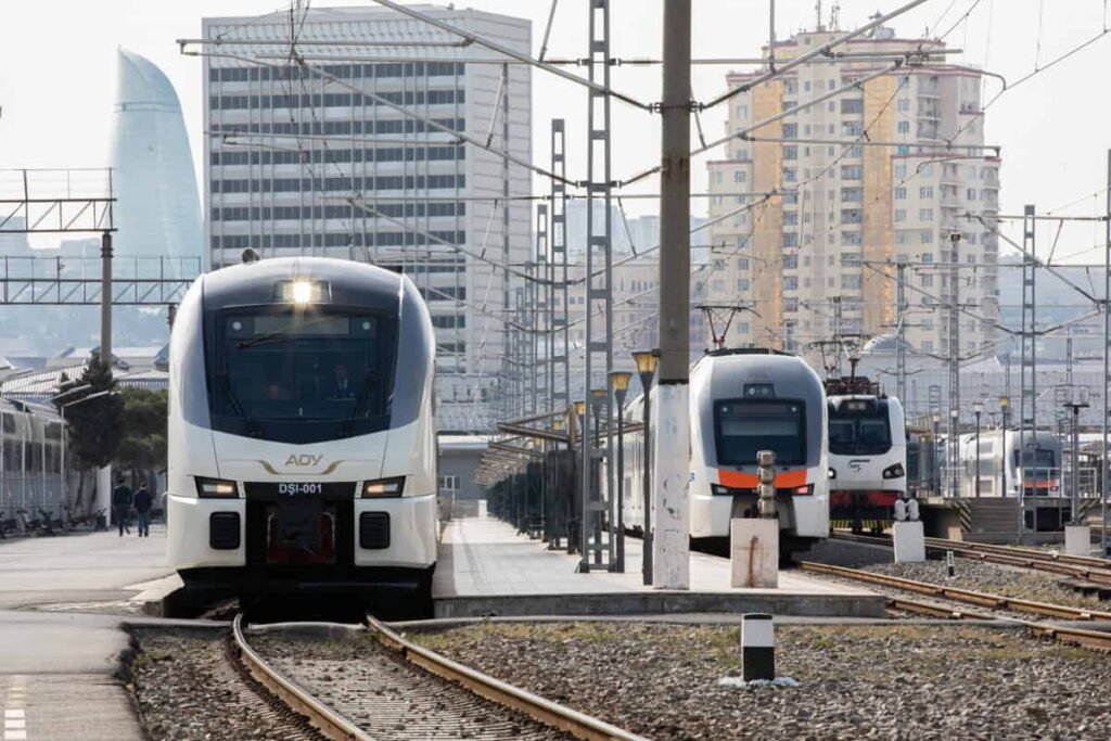 Passenger train from Baku to Sheki at the railway station