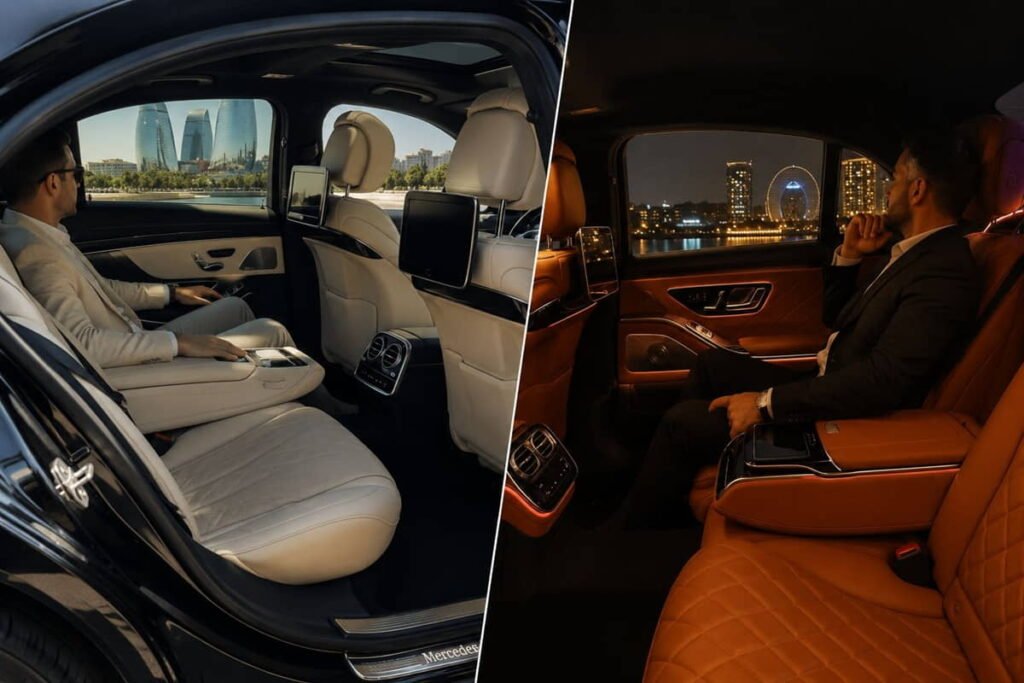 Passenger enjoying a luxury Mercedes-Benz rear seat experience in Baku during day and evening city travel