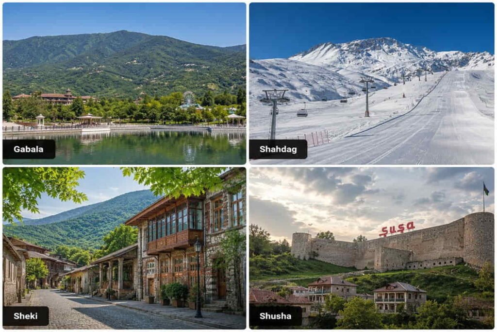 Popular minibus destinations from Baku including Gabala, Shahdag, Sheki and Shusha