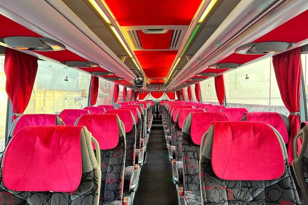 interior of 46-seater bus with comfortable seats for group travel