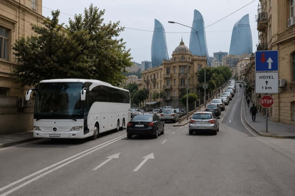 55-seater bus near limited-access street in Baku